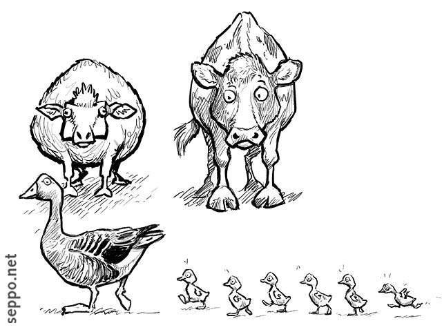  Domestic animals – sheep cow and goose, keywords:
 domestic canimal sheep cow cattle domestic goose geese nestling brood Anser Bos taurus Ovis aries cartoon