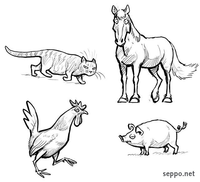  Domestic animals  cat horse rooster pig, keywords:
 domestic animal cat horse rooster fowl pig swine Equus caballus Felis catus Gallus gallus domesticus Sus scrofa domestica cartoon