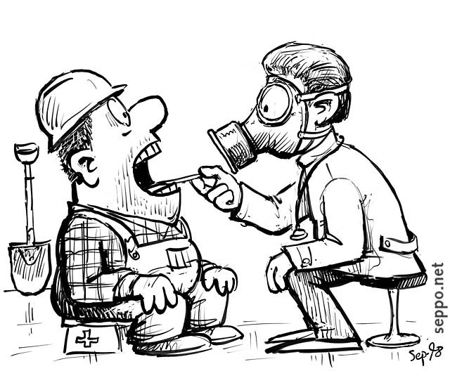 Physician examines accumulation of environmental toxins , keywords:
 chemical hazardous poison toxin environmental health physician researcher medical examination accumulation worker respirator gas mask cartoon