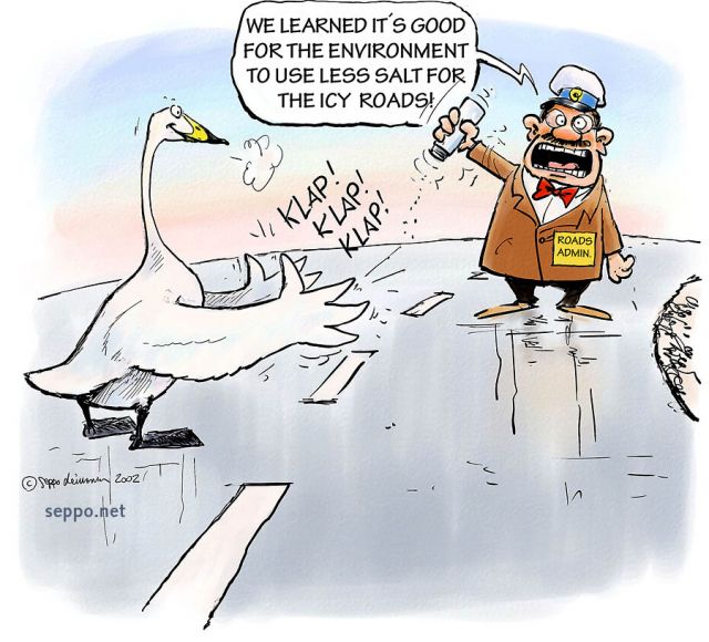  Less salt when de-icing roads, keywords:
 anti-icing de-icing road salt reduction winter environmental effect whooper swan road administration maintenance Cygnus cartoon