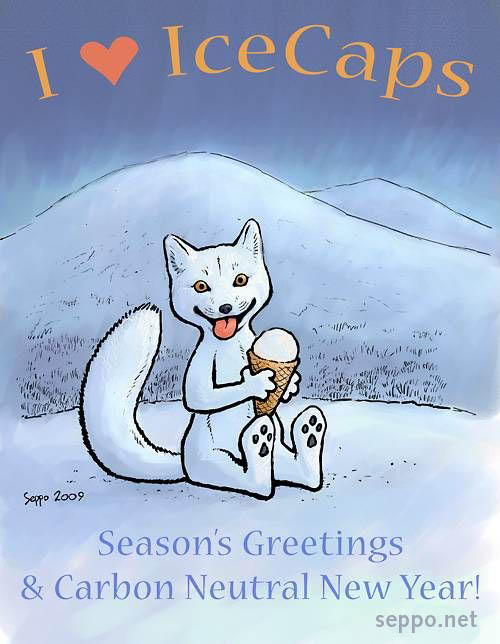  Arctic Fox loves icecaps - Seasons's Greetings, keywords:
 arctic fox icecap climate change real winter polar global warming carbon neutral New Year Seasons's Greetings cartoon