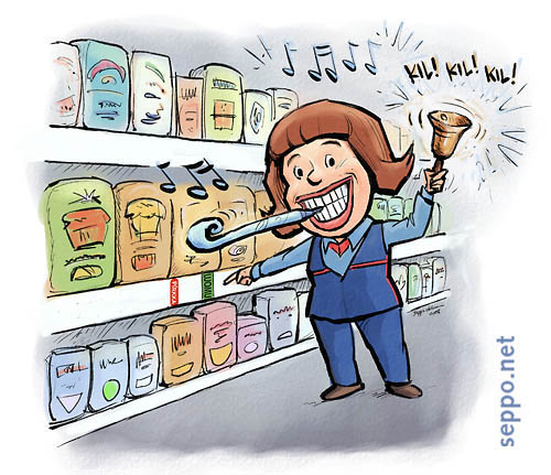  Shop assistant displays environmentally sound products, keywords:
 shop store supermarket shopkeeper shop assistant information organic product environmentally safe sound friendly shelf label cartoon