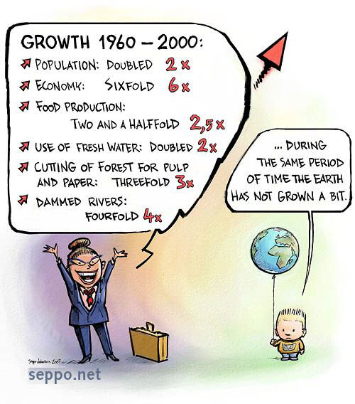  Continuous growth and a limited spaceship called earth, keywords:
 growth continuous consumption nature natural resources earth limited population economy food water pulp paper wood river dam sustainable development future generations cartoon