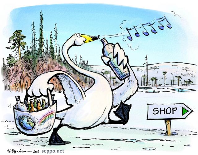  Whooper swan and returnable bottles, keywords:
 whooper swan reuse returnable bottle reusable refillable recycling durable shopping bag shop spring Lapland trumpeting whistle blow cartoon
