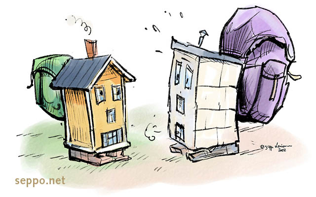  Two houses with ecological backpacks, keywords:
 building house wooden concrete ecological backpack rucksack eco-efficient efficiency natural resources consumption cartoon