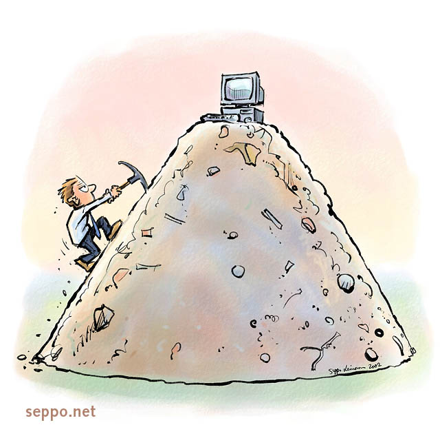  Production of computers consumes resources, keywords:
 computer electronics it gadget natural resource consumption mips eco-efficiency mountaineer cartoon