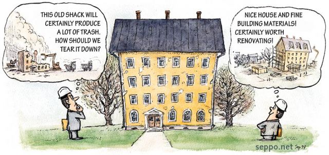  Demolition or renovation of old buildings, keywords:
 house building block of flats old school demolition tear down renovation renovating restoring restoration building materials construction waste cartoon