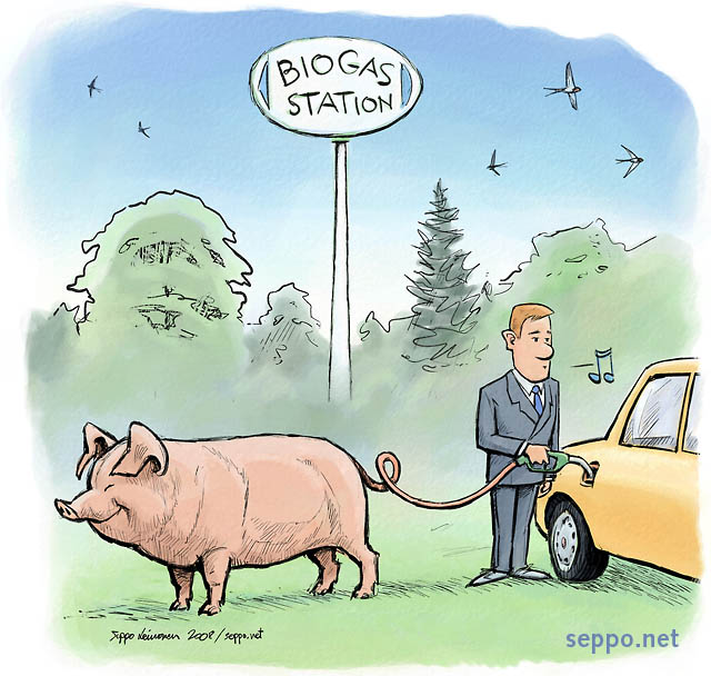  Biogas for cars, keywords:
 biogas renewable energy source climate global warming pig methane fuel future station green cartoon