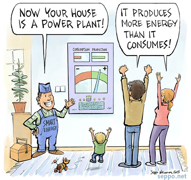  Home as a power plant, keywords:
 home house low energy solar wind power wood pellet smart energy meter climate carbon neutral cartoon