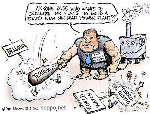  Prime minister Lipponen - boycotting is terrorism, keywords:
 Prime minister Finland terrorism activism boycott nuclear power energy Bellona Worldwatch lobbying cartoon