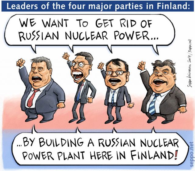  Finnish top politicians and russian nuclear power, keywords:
 nuclear power plant energy Rosatom Fennovoima politician party leader Antti Rinne Alexander Stubb Juha Sipilä Timo Soini dependence uranium waste arms finlandisation indipendence Putin cartoon