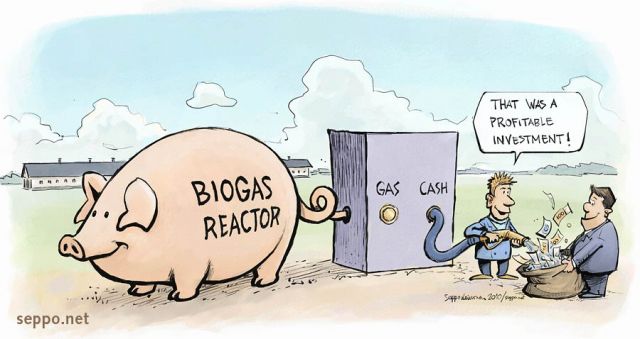  Biogas and economy, keywords:
 biogas reactor pig biowaste energy climate renewable economy investment profit profitable refuel cartoon