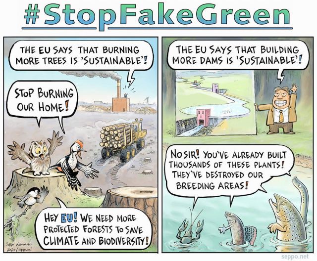 EU - Stop Fake Gren, keywords:
 Green recovery bioenergy wood forest willow tit boreal owl white-backed woodpecker clearcut bioenergy dam hydro power Water framework directive water law industry trout lamprey otter beaver greyfish river politicians subsidize fake EU WWF cartoon