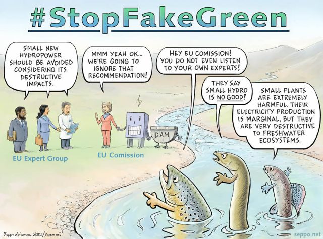  Stop Fake Green Recovery, keywords:
 Hydro power small EU Comission Expert group dam subsidy fake green biodiversity ecosystem destruction Water framework directive water law industry tear down trout eel grayling river politcians EU WWF cartoon