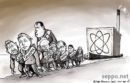  Nuclear Power Plant Haulers in Finland, keywords:
 nuclear energy power plant lobby media trade union industry hauler elite Finland policy cartoon