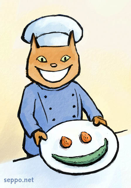  Food and communication, keywords:
 food kitchen cook restaurant canteen communication information vegetables vegetarian nutrition cat cartoon