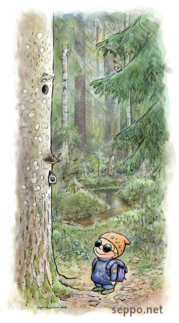  Kid and flying squirrel at aspen tree, keywords:
 Siberian flying squirrel kid child spruce forest wilderness creek brook crested tit outdoors hiking forest trip aspen sunglasses Parus cristatus Pteromys volans cartoon