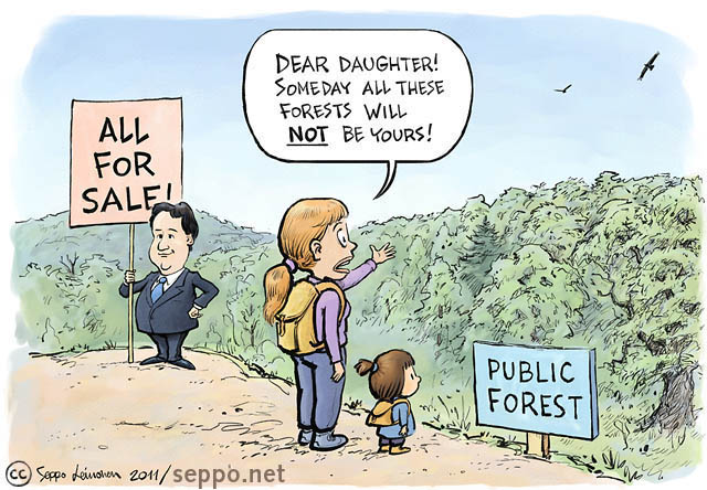  UK government wants to sell public forests, keywords:
 forest public sell off privatisation protection biodiversity Britain David Cameron UK government future generations nature natural heritage cartoon