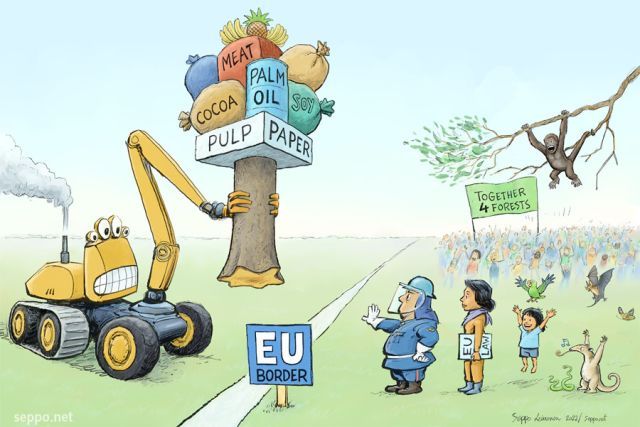  EU forest law in action, keywords:
 forest rainforest products law harvester logging machine EU health environment environmental health human anteater monkey butterfly jaguar snake bat WWF cartoon