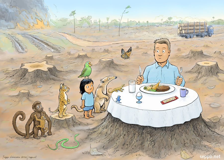  EU forest law - deforestation, keywords:  forest rainforest clearcut. logging health environment environmental health human anteater monkey butterfly jaguar snake beetle kolibri lizard food frog WWF cartoon