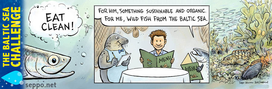  Baltic Sea - Eat clean, keywords:  Baltic Sea challenge chemical nutrition emission local slow food waste water pollution protection organic salmon grey seal restaurant fish Baltic herring cartoon