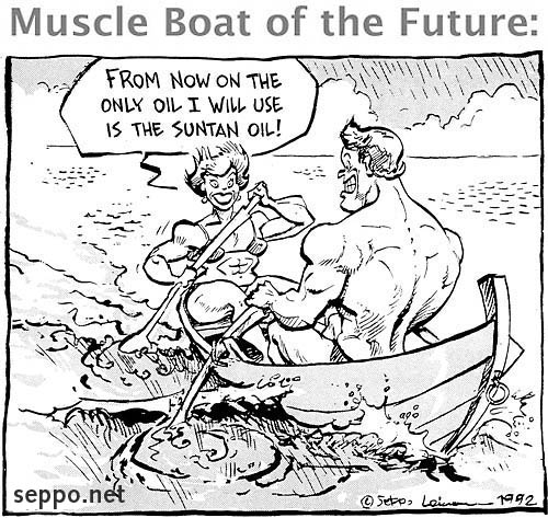  Muscle Boat of the Future, keywords:
 muscle boat future sailing oil fossil fuel climate ecological peak carbon emission suntan boating cartoon