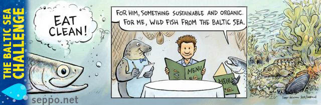  Baltic Sea - Eat clean, keywords:
 Baltic Sea challenge chemical nutrition emission local slow food waste water pollution protection organic salmon grey seal restaurant fish Baltic herring cartoon