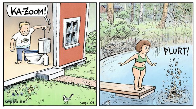  Sewage from water closet into lake, keywords:
 sewage sludge effluent water closet waters conservation protection wastewater treatment countryside lakeside cartoon