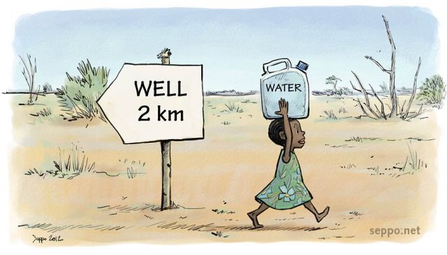  Water poverty - Long distance water carrying in Africa, keywords:
 water drought poverty well Africa water shortage potable carrier desert container savanna cartoon