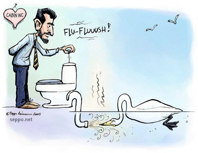  Swan and water closet at summer house, keywords:
 summer cabin house wc water closet water conservation water quality pollution waste water toilet seat swan cartoon