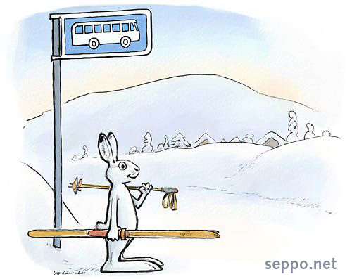  Hare and public transportation, keywords:
 hare bus skiing skier public transportation winter Lapland Levi environment climate cartoon