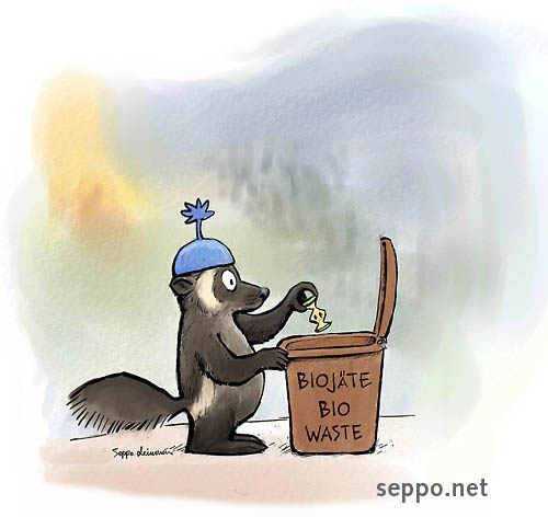  Volverine and biowaste, keywords:
 Volverine waste biowaste composting biogas waste management autumn outdoors nature Lapland Levi cartoon