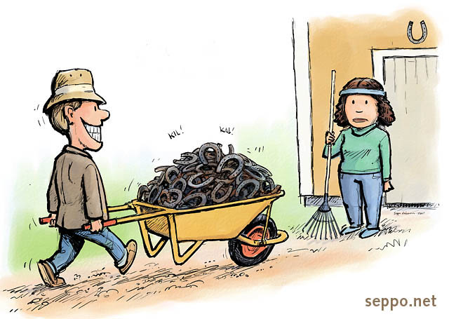  Barrow full of recyclable horseshoes and good luck , keywords:
 horseshoe recycling scrap metal good luck folklore symbol wheelbarrow spring cleaning cartoon