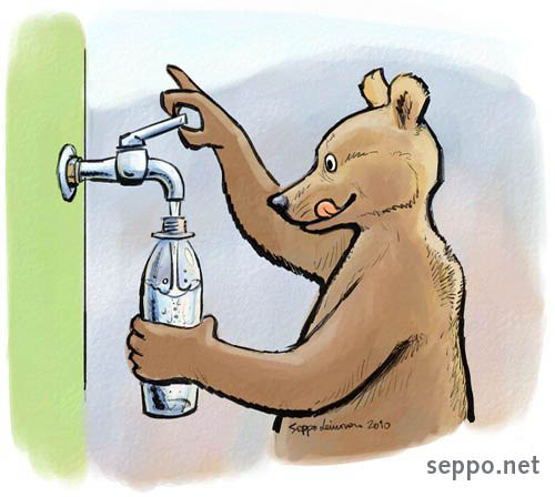  Avoid bottled water - or do it yourself, keywords:
 water tapped bottled bear cartoon