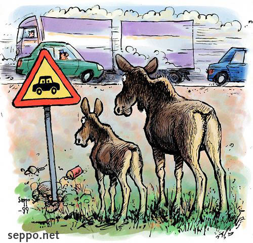  Moose and traffic jam, keywords:
 moose calf traffic jam car cars accident road highway climate emissions cartoon