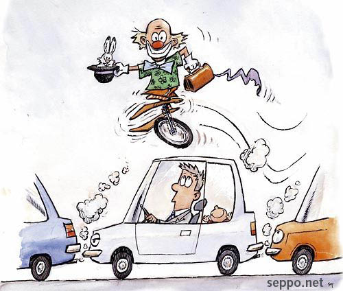  Clown cycles in the traffic jam, keywords:
 clown cycle cycling bicycle unicycle traffic jam car climate public transportation exhaust fumes cartoon