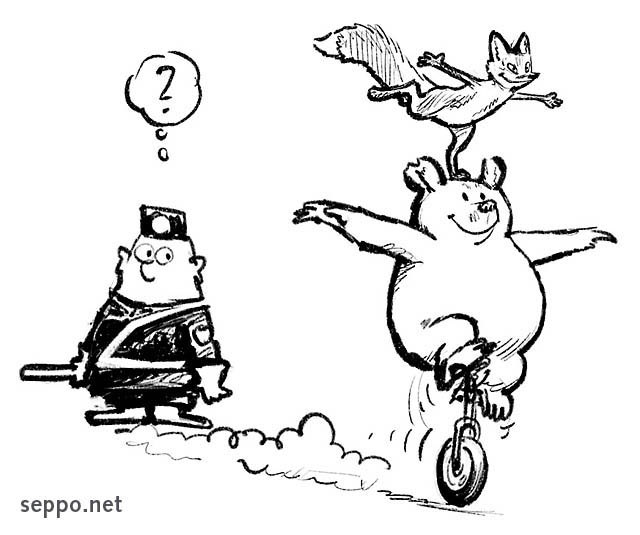  Traffic police and monocyclists, keywords:
 bicycle and pedestrian traffic brown bear red fox policeman traffic police unicycle monocycle balance acrobatics stunt cycling cartoon