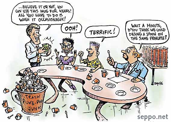  Inventing a reusable mug, keywords:
 inventing reusable mug disposable throw away culture waste trash junk sustainable recycling cartoon