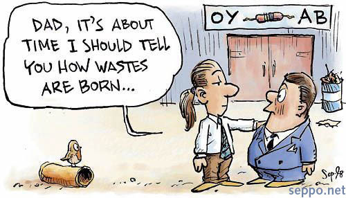 Father and son - how wastes are born, keywords:
 waste born minimize minimization pollution prevention sustainable development society cartoon