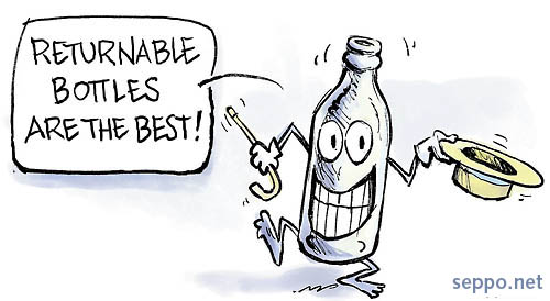  Returnable bottle is best, keywords:
 bottle recycle reuse reusable returnable waste recycle cartoon