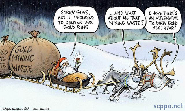  Santa brings dirty gold ring as present, keywords:
 gold mining waste dirty gold Santa Claus reindeer Christmas present environmental effect impact ecological rucksack backpack cartoon