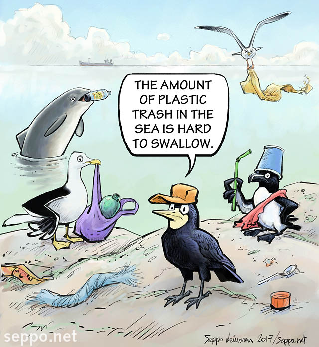 Plastic trash in the sea is hard to swallow, keywords:
 Ocean sea plastic trash microplastic Baltic sea porpoise gull rook razorbill waste pollution reduction cartoon