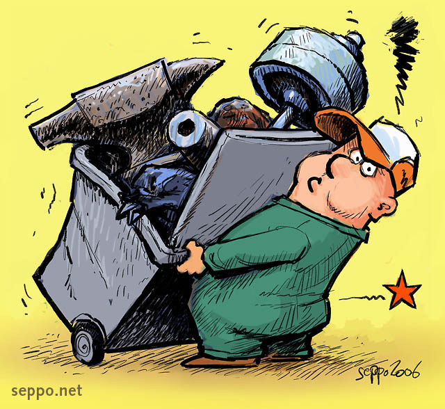  Waste container is too heavy, keywords:
 waste container waste management heavy dustman trashman janitor physical strain RSI harm disadvantage cartoon
