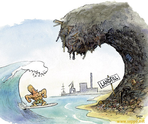  Surfing Landfill, keywords:
 surfing surfer landfill dump waste recycling consumption cartoon