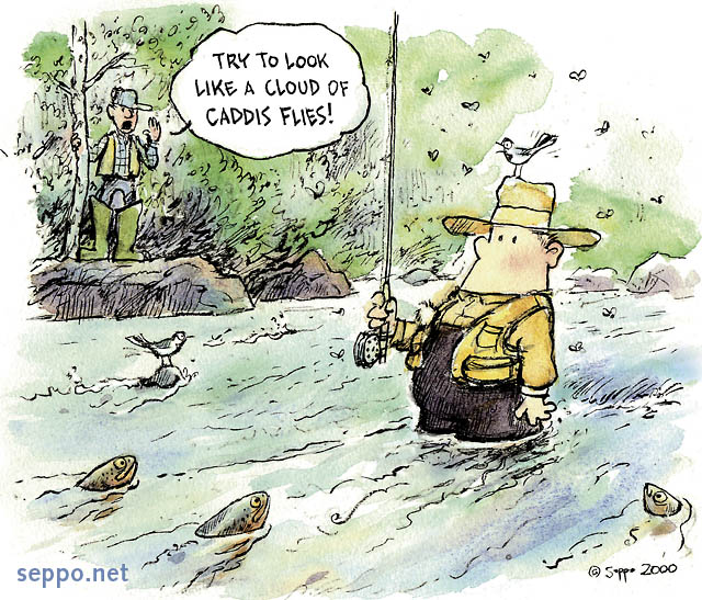  Winnie the Pooh and the Philosophy of Fly Fishing, keywords:
 fisherman fly fishing river trout caddis fly hatching guide blacktail cartoon