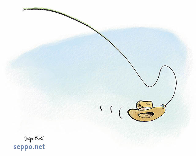  Fly fisher practises casting, keywords:
 fly fishing fisher practise practising casting line hat humor cartoon
