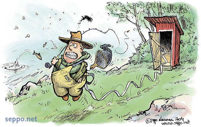  Fisherman trying too hard, keywords:
 fly fishing fisherman mad stress symptom straitjacket toilet hurry cartoon