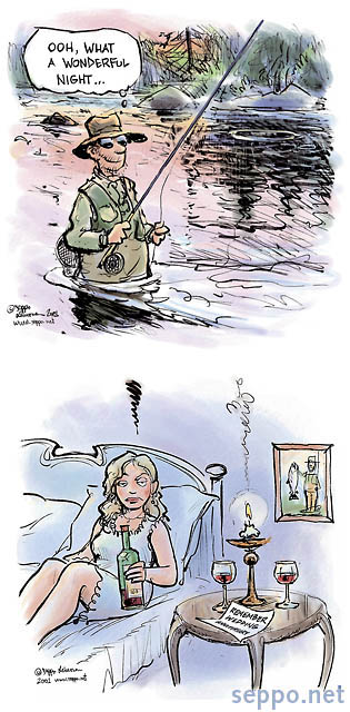  Anniversary at river and home, keywords:
 fly fishing fisherman wedding anniversary wonderful night river wife expectation humor cartoon