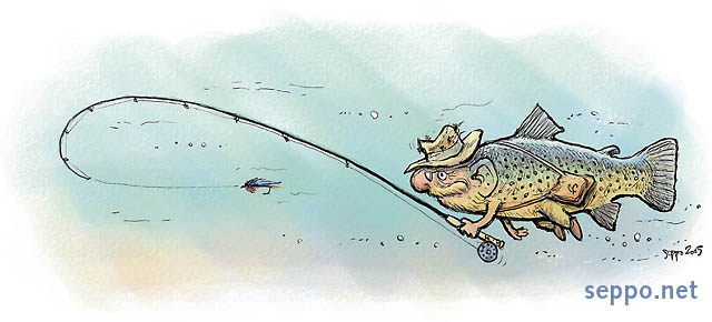  Advanced Fly Fisherman, keywords:
 fly fishing fisherman Trout fishing Salmo trutta humor cartoon