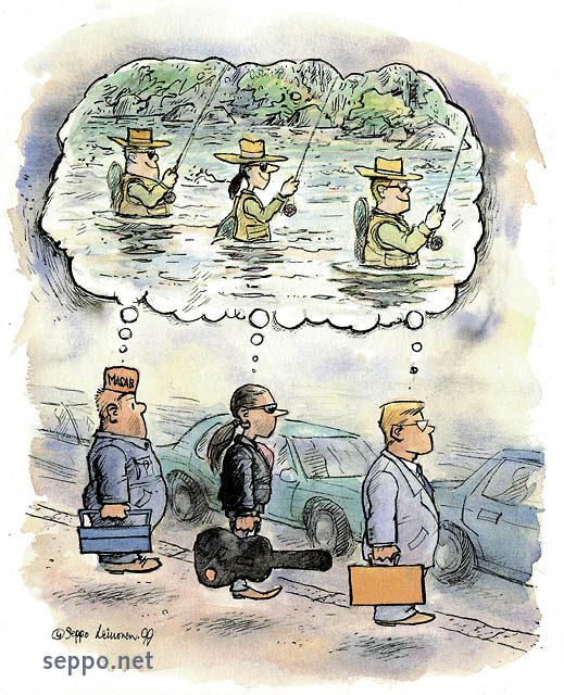  Men would rather be fishing, keywords:
 fly fishing fisherman dream city traffic river humor cartoon